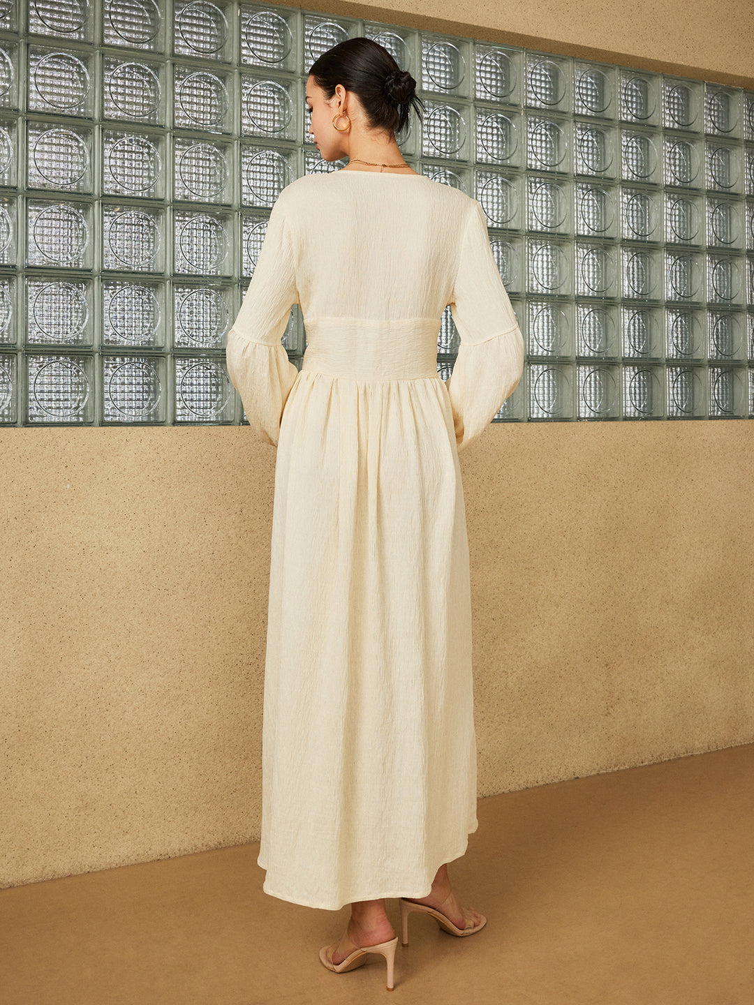 off shoulder button design lantern sleeve dress Boho Lantern Sleeve Button-Front Long Split Dress