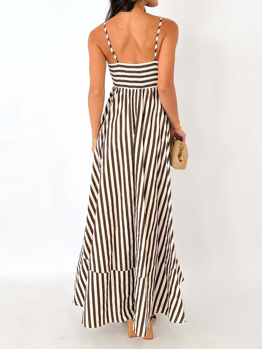 Striped Pleated Cami Long Dress - Light Brown - XL