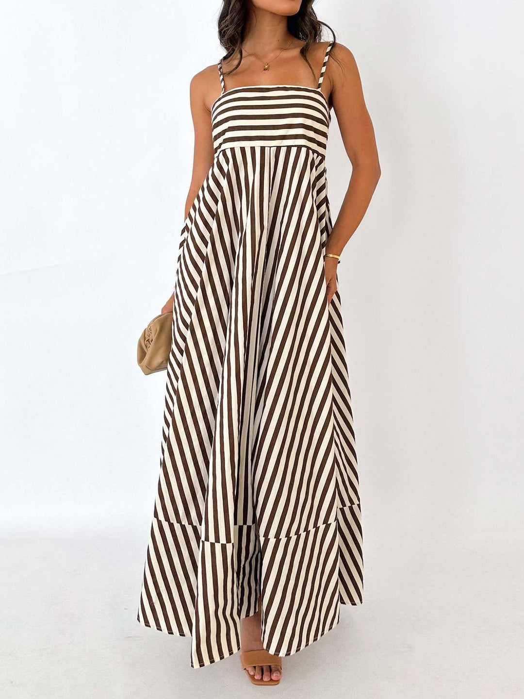 Striped Pleated Cami Long Dress – COMMENSE
