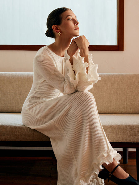 Fubail / Belted Ruffle Cable-Knit Dress