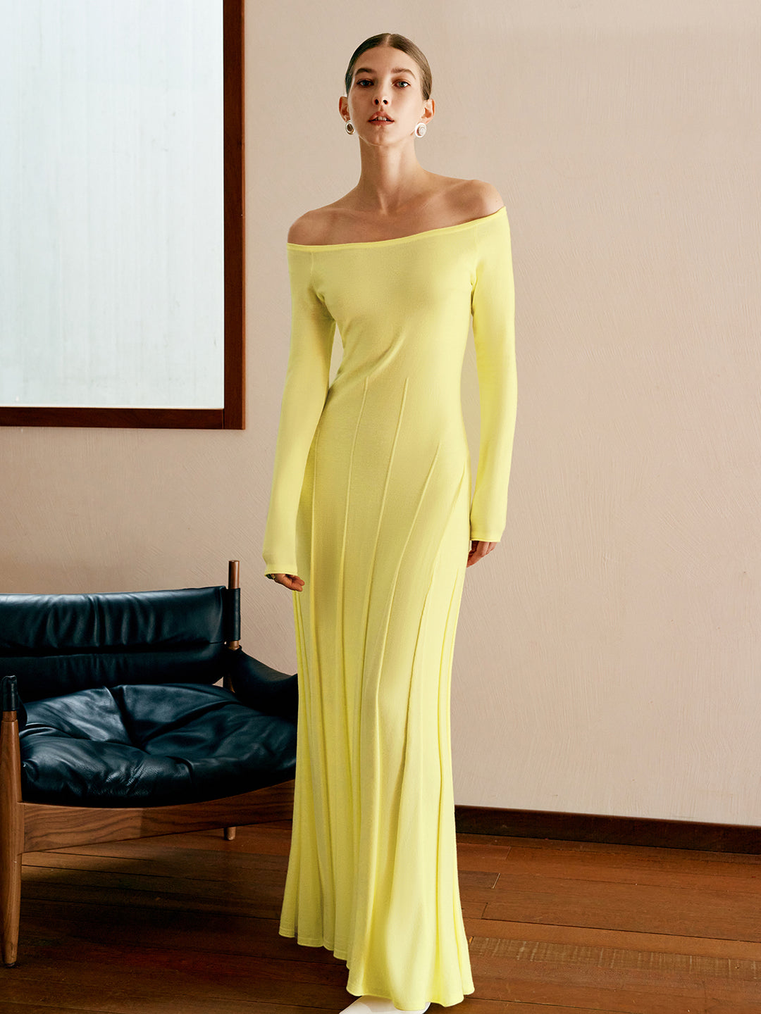 commense off shoulder dress Off shoulder pleated sweater dress - Yellow