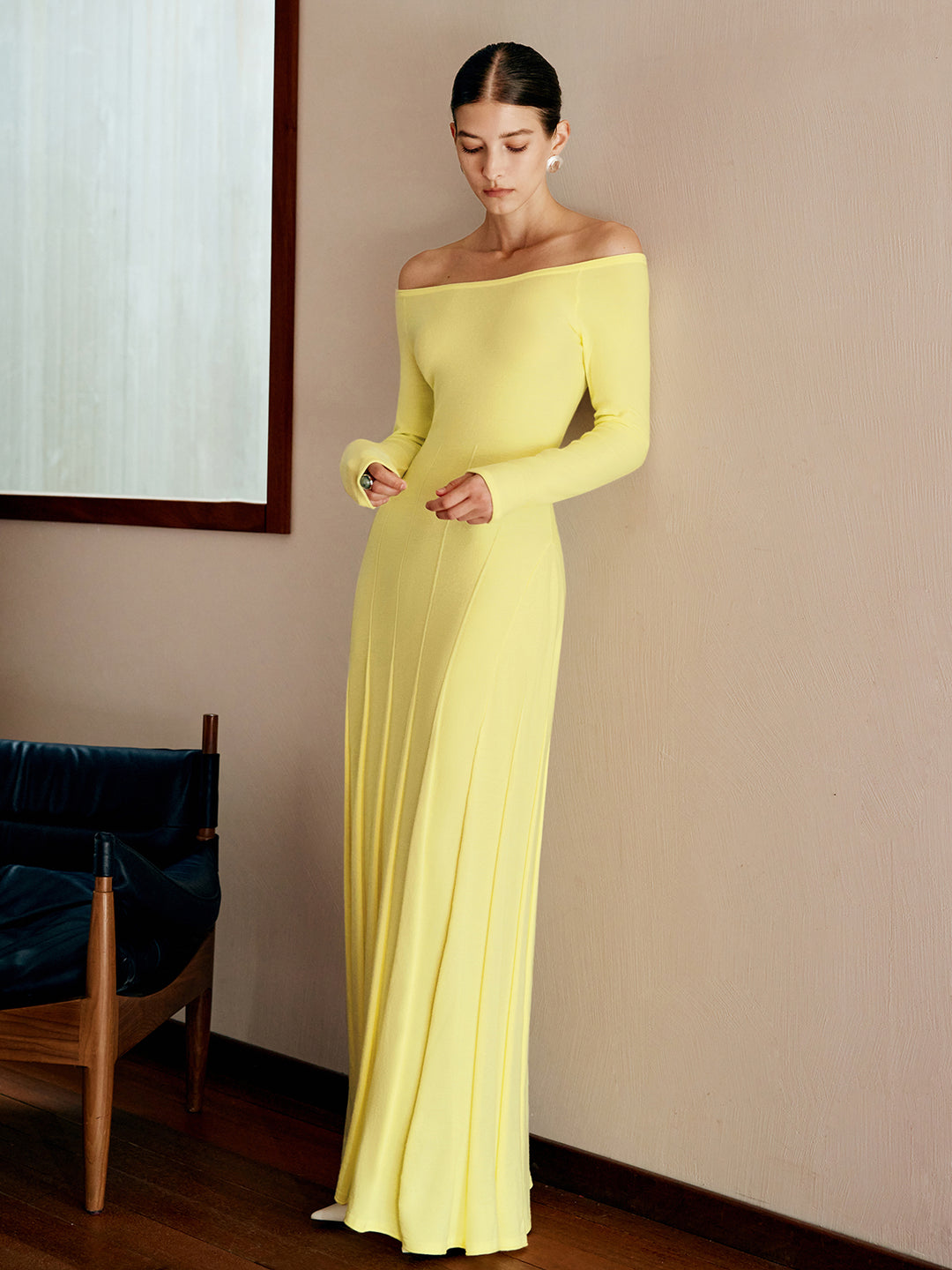 Off shoulder pleated sweater dress - Yellow