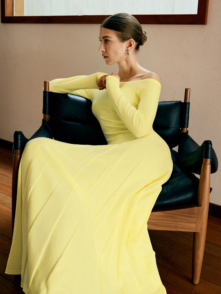 Off shoulder pleated sweater dress - Yellow