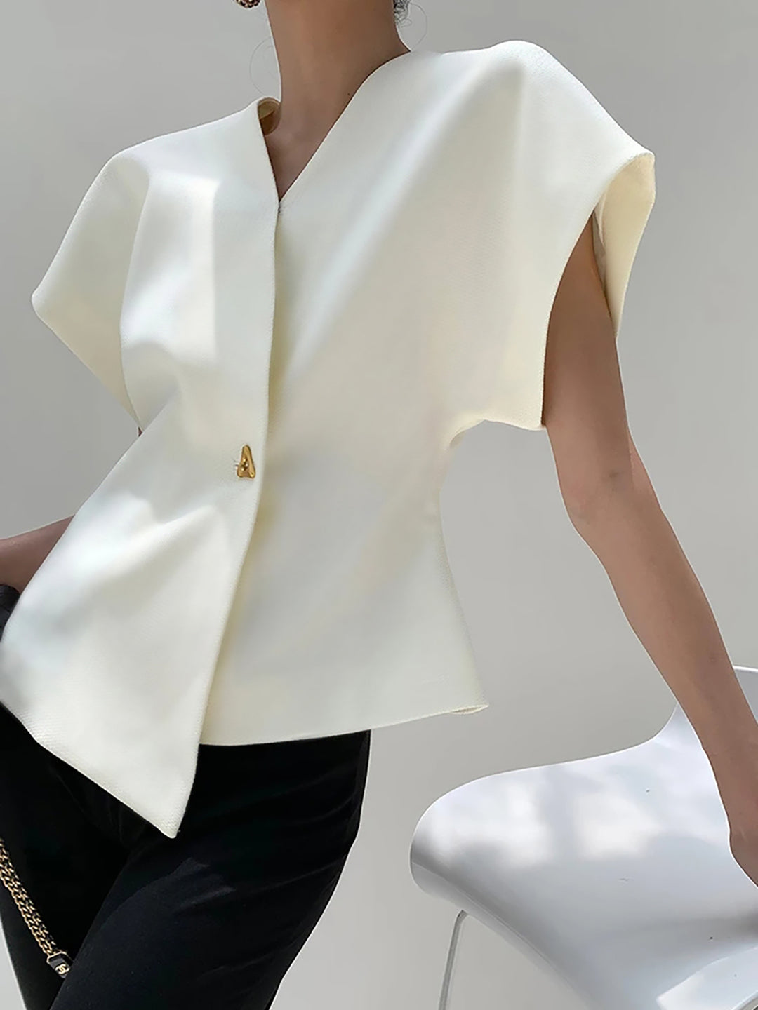 【WOOHWA】BUTTON V NECK SLEEVE BLVB Womens Tops Long Sleeve Button up Shirts V Neck Low Cut