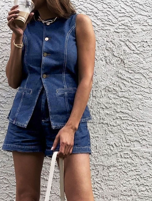 Denim Peplum Vest With Shorts Set COMMENSE