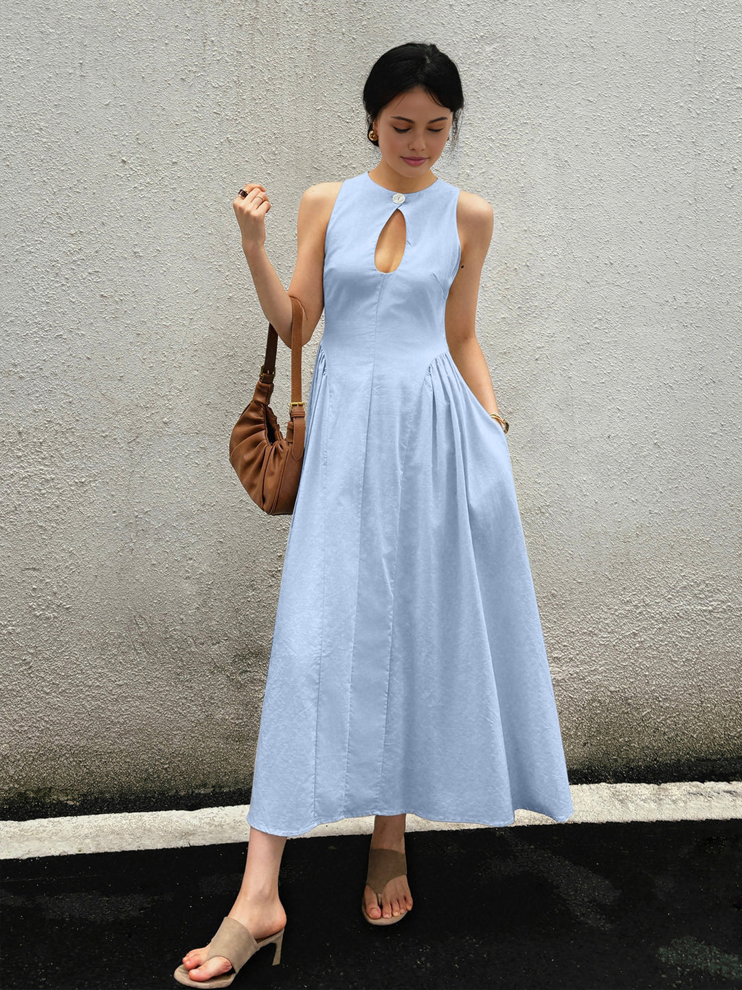 Cotton & Linen Pleated Cutout Long Dress | COMMENSE