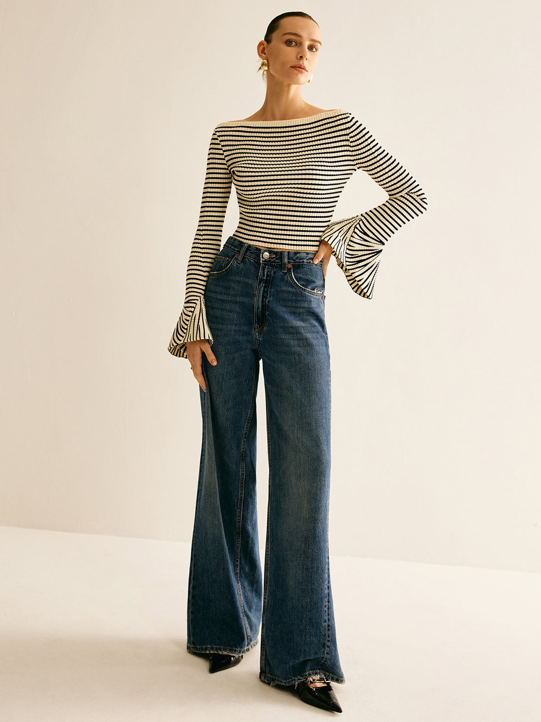 トップス kssm Striped Ruffle-Sleeve Knit Top | COMMENSE