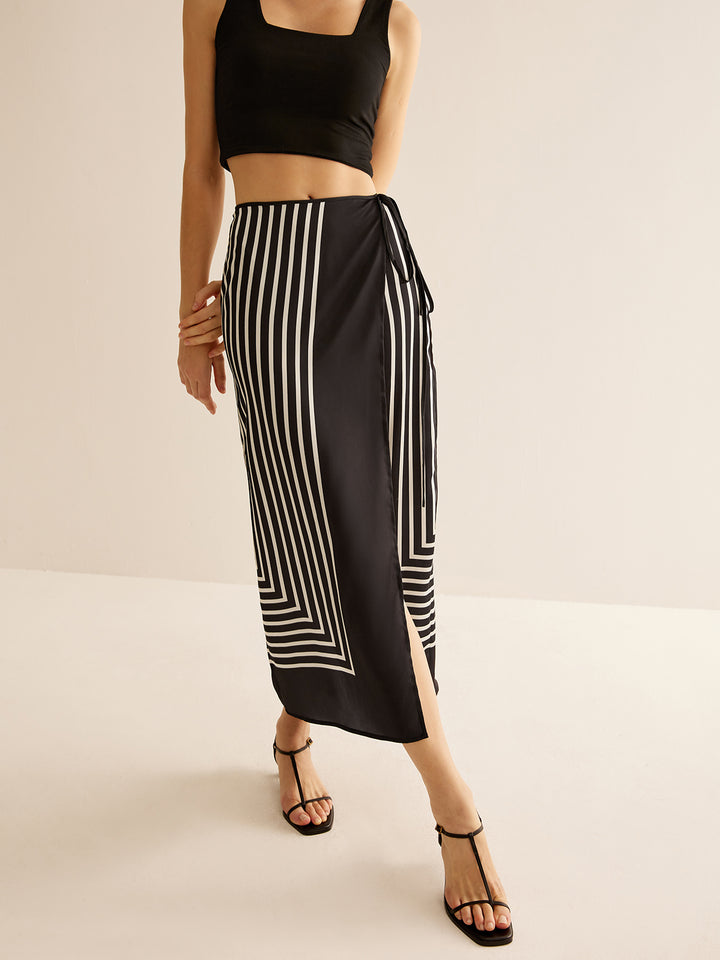 Geometric Pinstripe Satin Wrap Tie Skirt – COMMENSE
