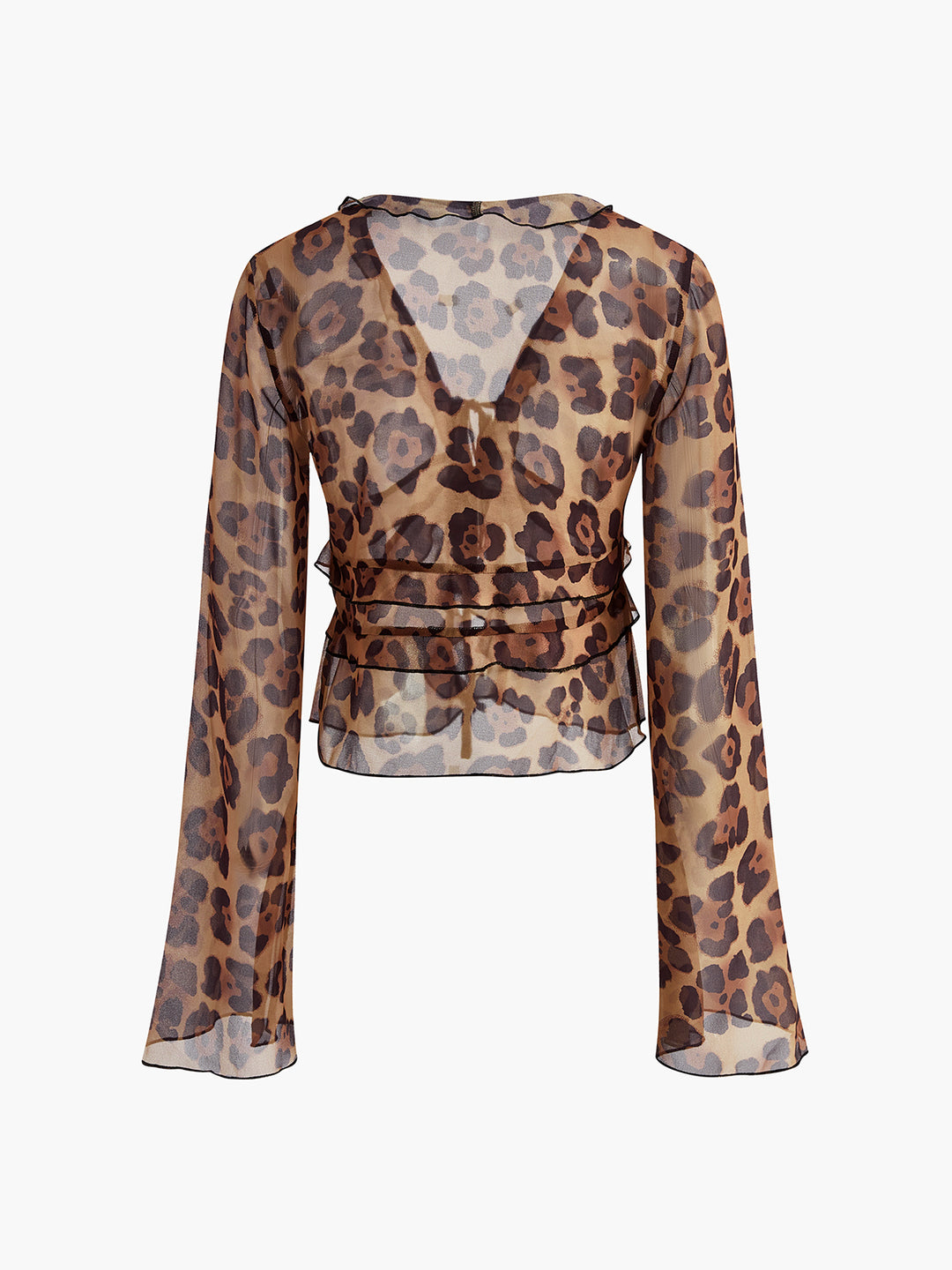 Leopard Print Semi-Sheer Ruffle V-Neck Blouse – COMMENSE