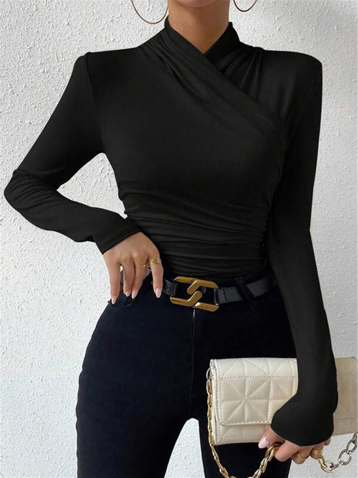 Cross-Over Collar Pleated Cinched T-Shirt – COMMENSE Cross-Over Collar Pleated Cinched T-Shirt – COMMENSE