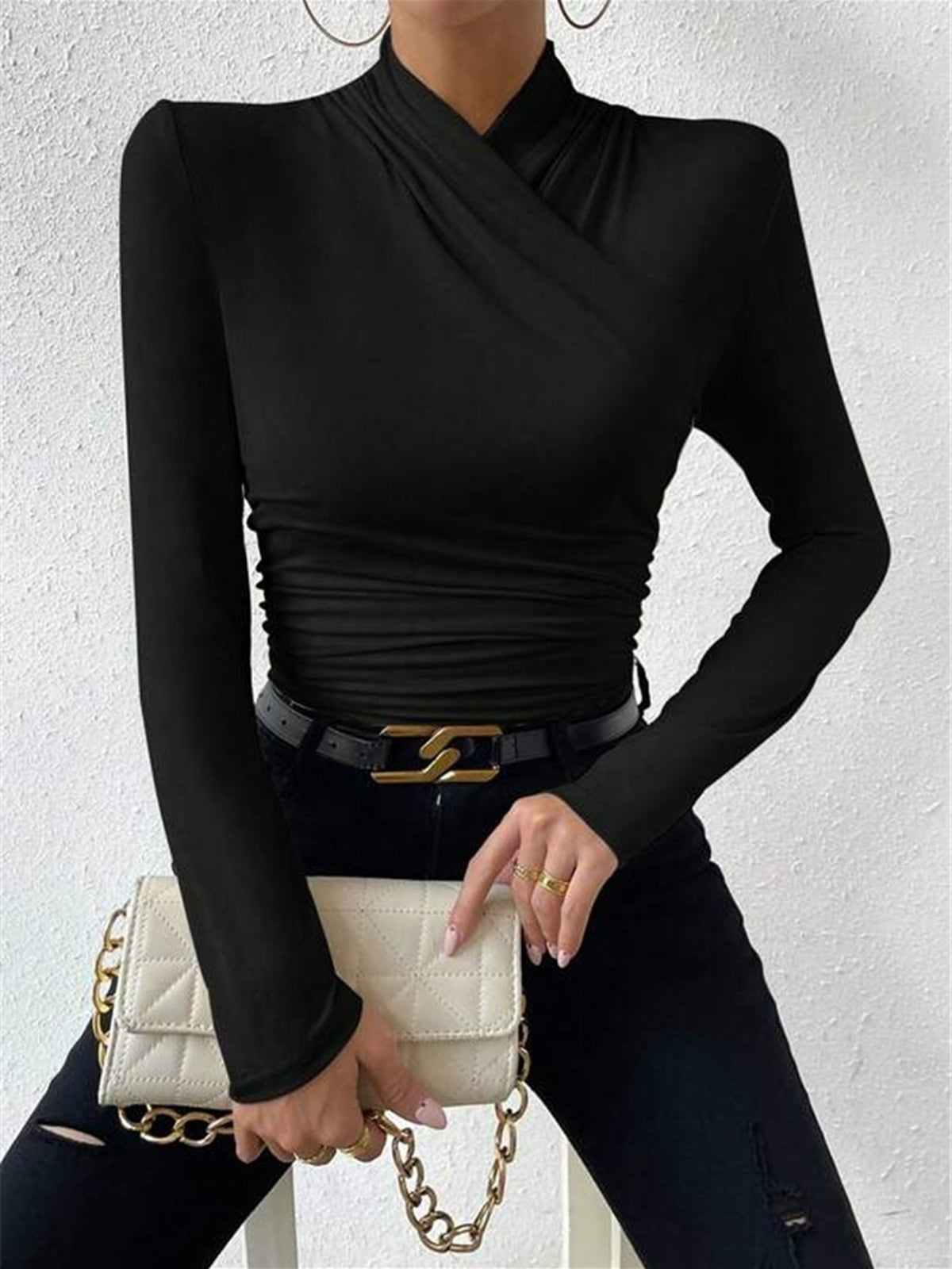 Cross-Over Collar Pleated Cinched T-Shirt – COMMENSE Cross-Over Collar Pleated Cinched T-Shirt – COMMENSE