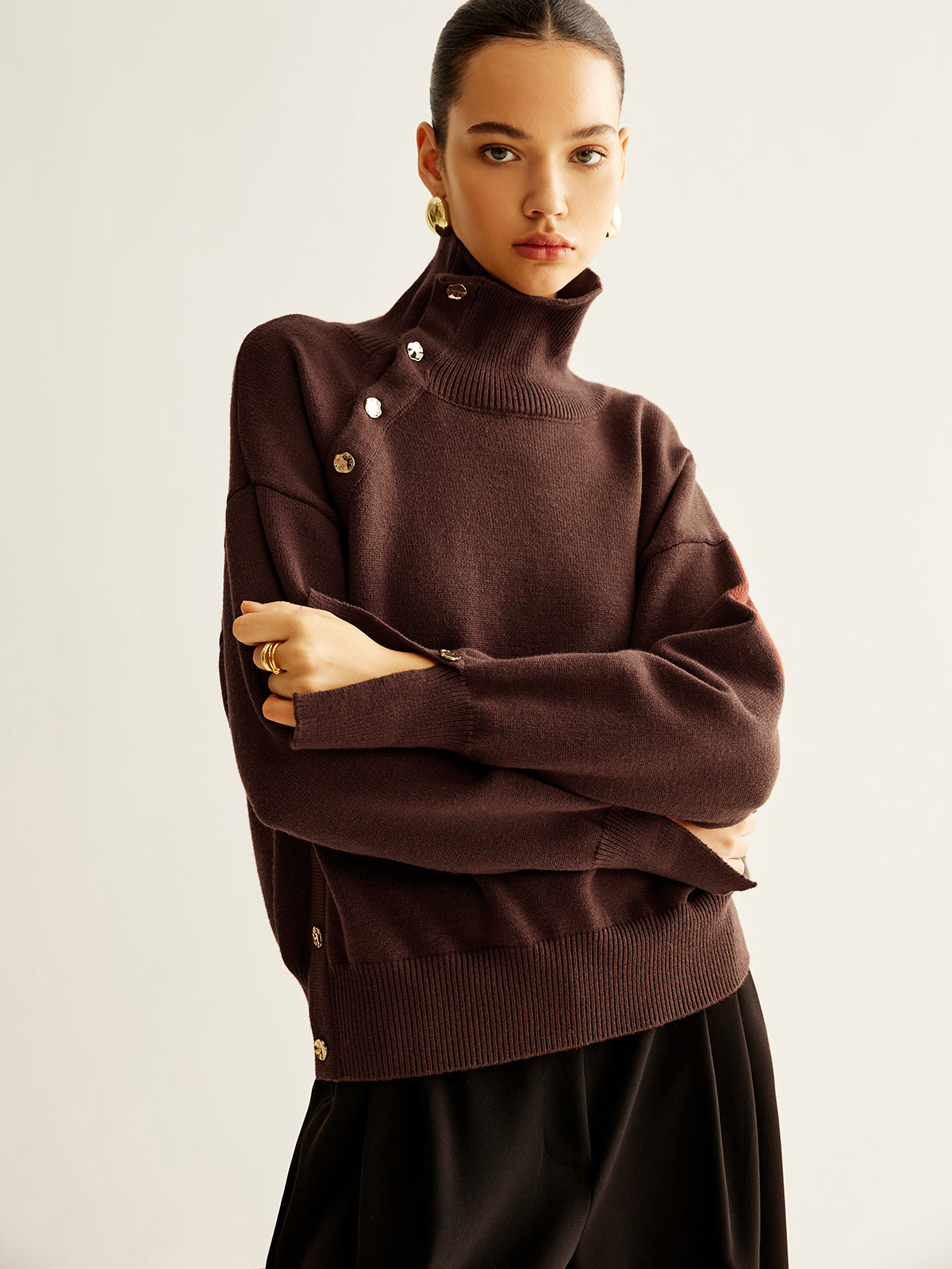 Turtleneck Asymmetrical Button Sweater | COMMENSE