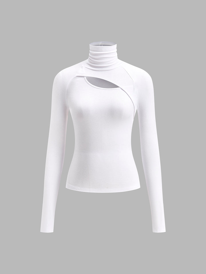 Asymmetric Cut Out Turtleneck Long Sleeve Slinky Top | COMMENSE