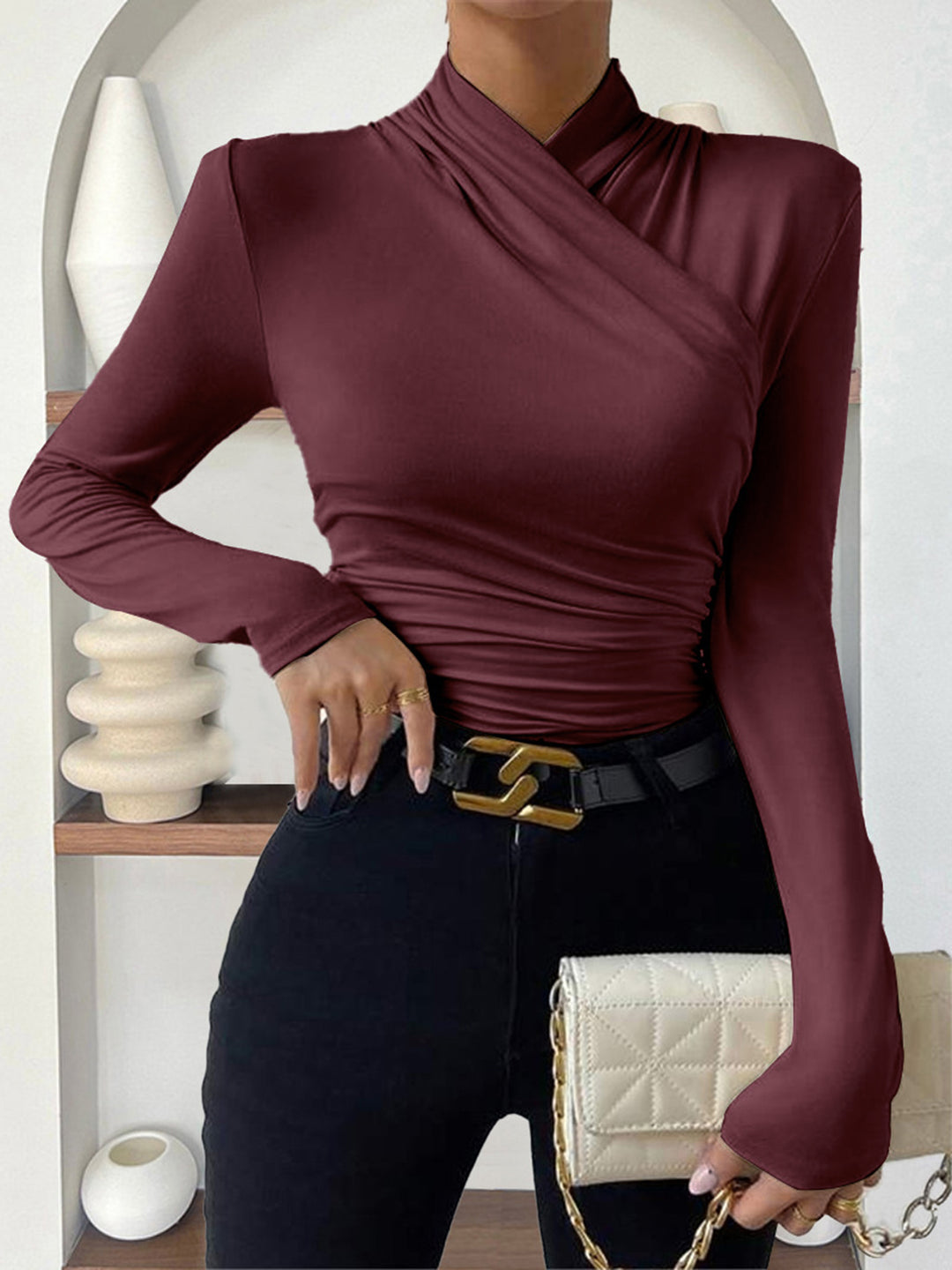 Cross-Over Collar Pleated Cinched T-Shirt – COMMENSE