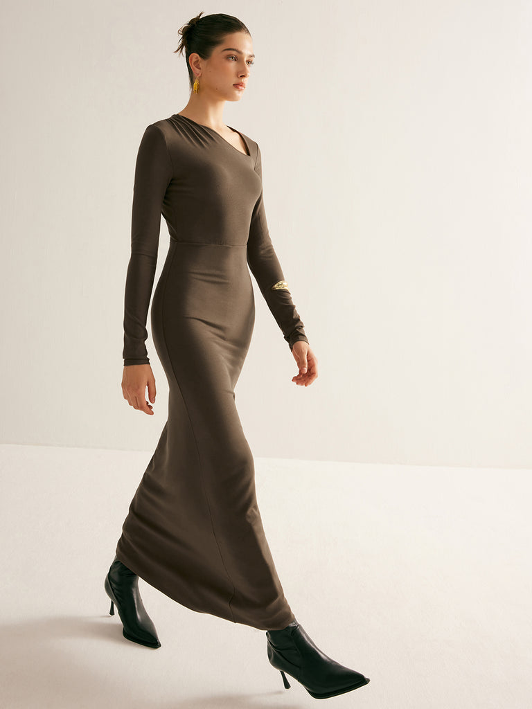 Plain Asymmetrical Neck Long Dress | COMMENSE