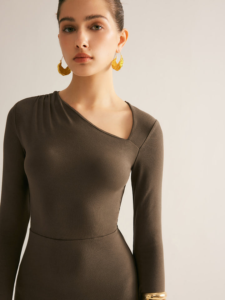 Plain Asymmetrical Neck Long Dress | COMMENSE Plain Asymmetrical Neck Long Dress | COMMENSE