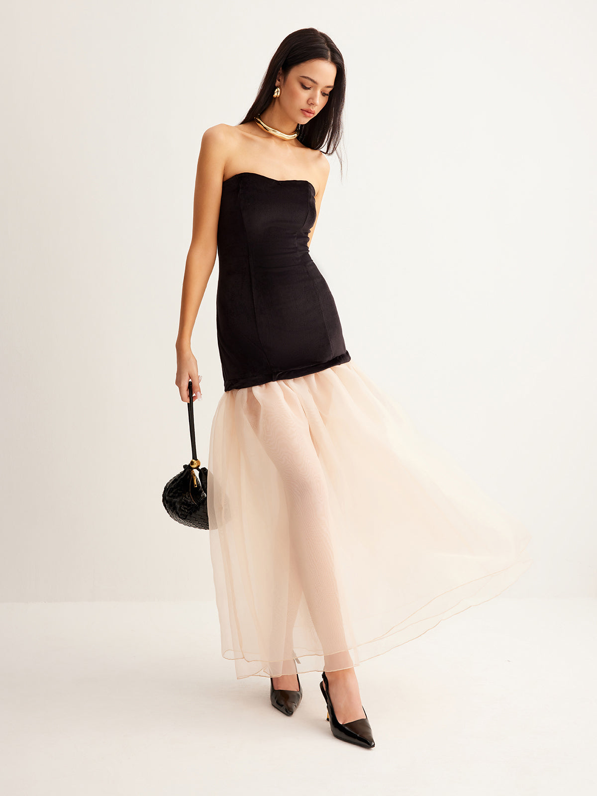 Semi-Sheer Velvet Panel Mesh Tube Dress | COMMENSE Semi-Sheer Velvet Panel Mesh Tube Dress | COMMENSE