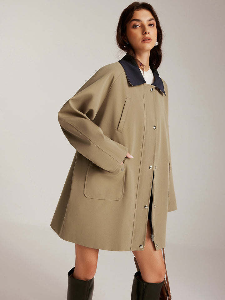 Contrast-Collar Zipper Oversized Trench Coat | COMMENSE