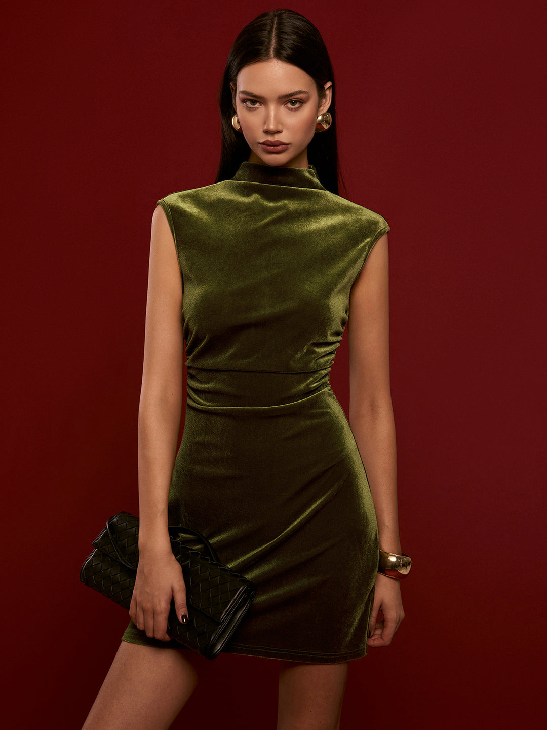 Mock neck sleeveless velvet dress - Dark Green