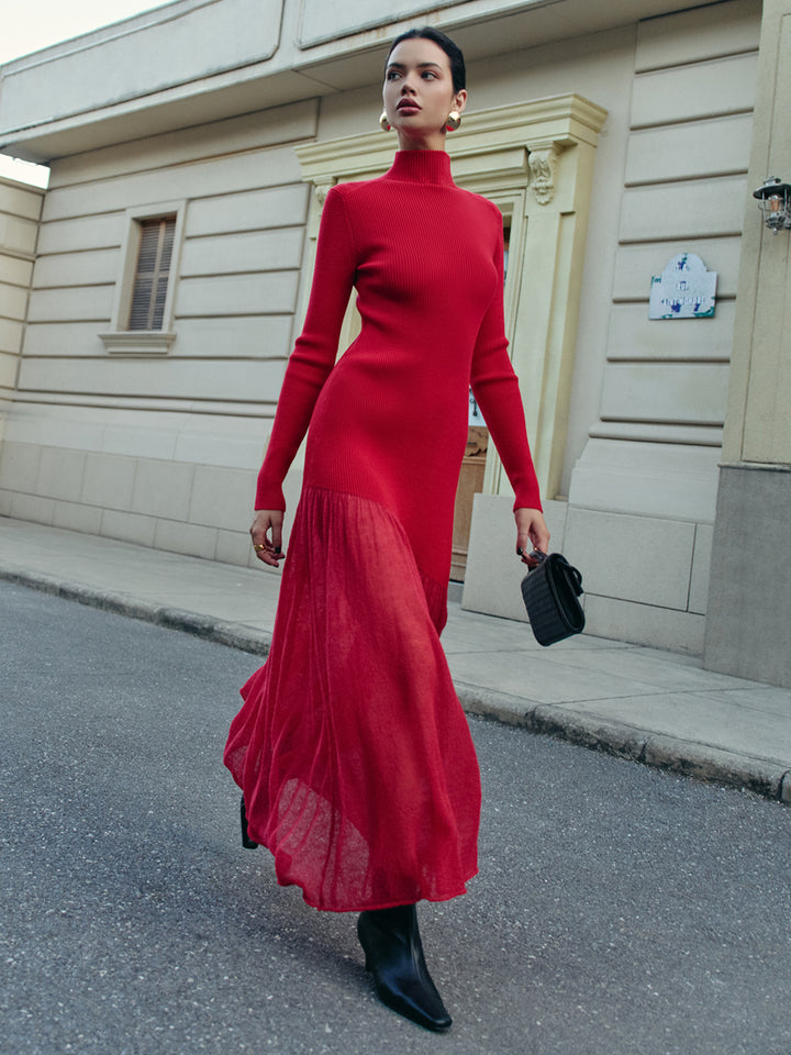 Mock Neck Pleated Panel Sweater Dress Mock Neck Pleated Panel Sweater Dress