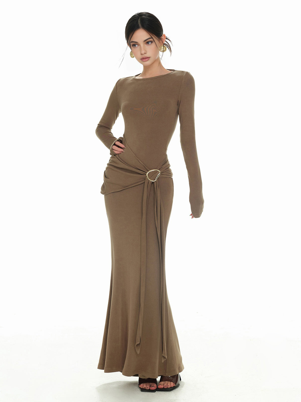 plain ruched dress The Ruched Midi Dress Chocolate / M