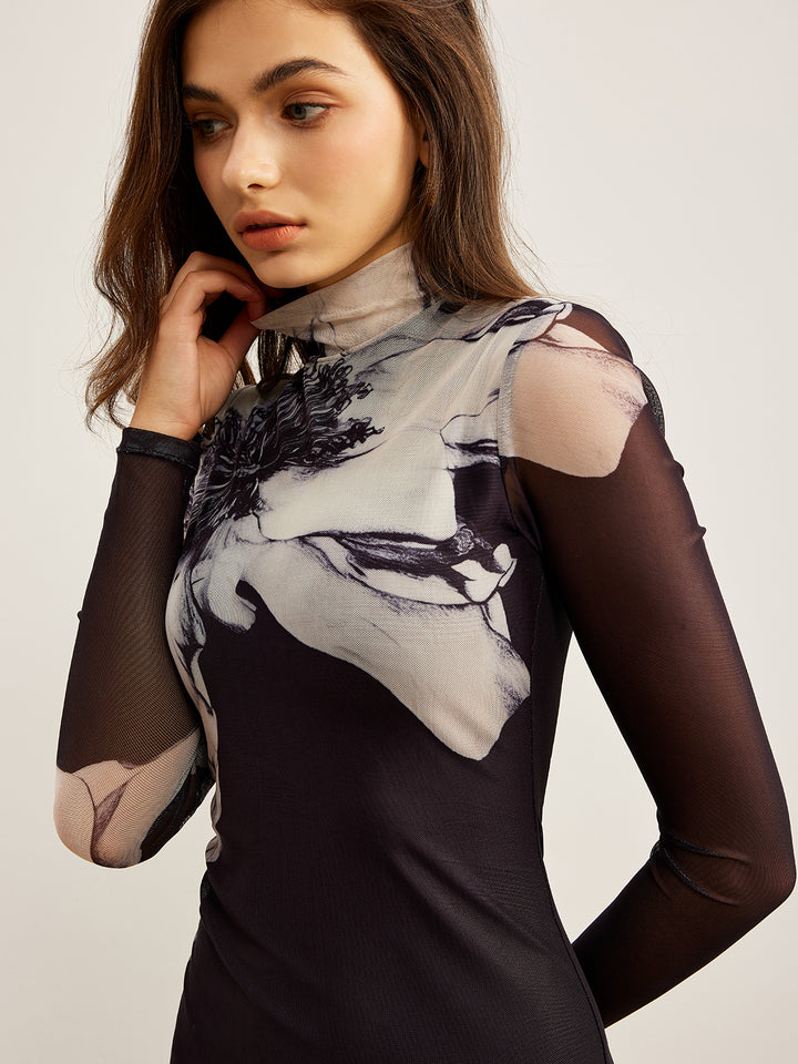 Mock Neck Printed Mesh Dress – COMMENSE