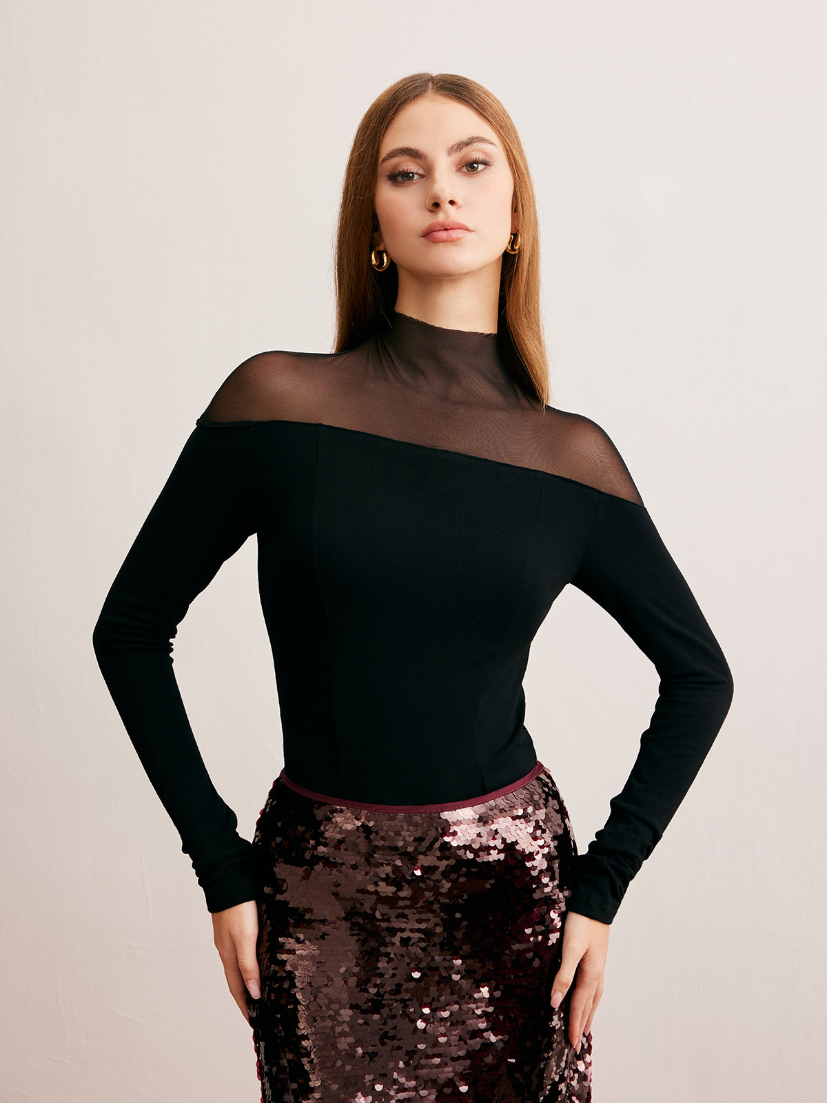 Rhinestone Mesh Panel Jersey Top