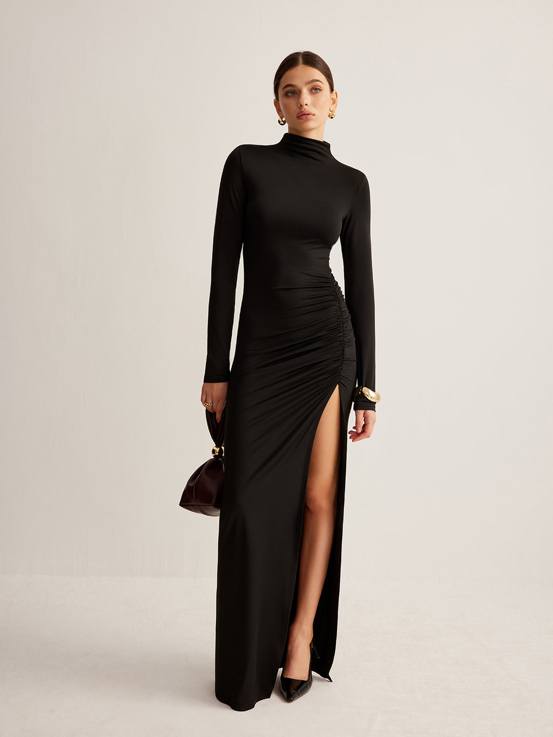 Stand-Collar Pleated Slit Jersey Dress – COMMENSE