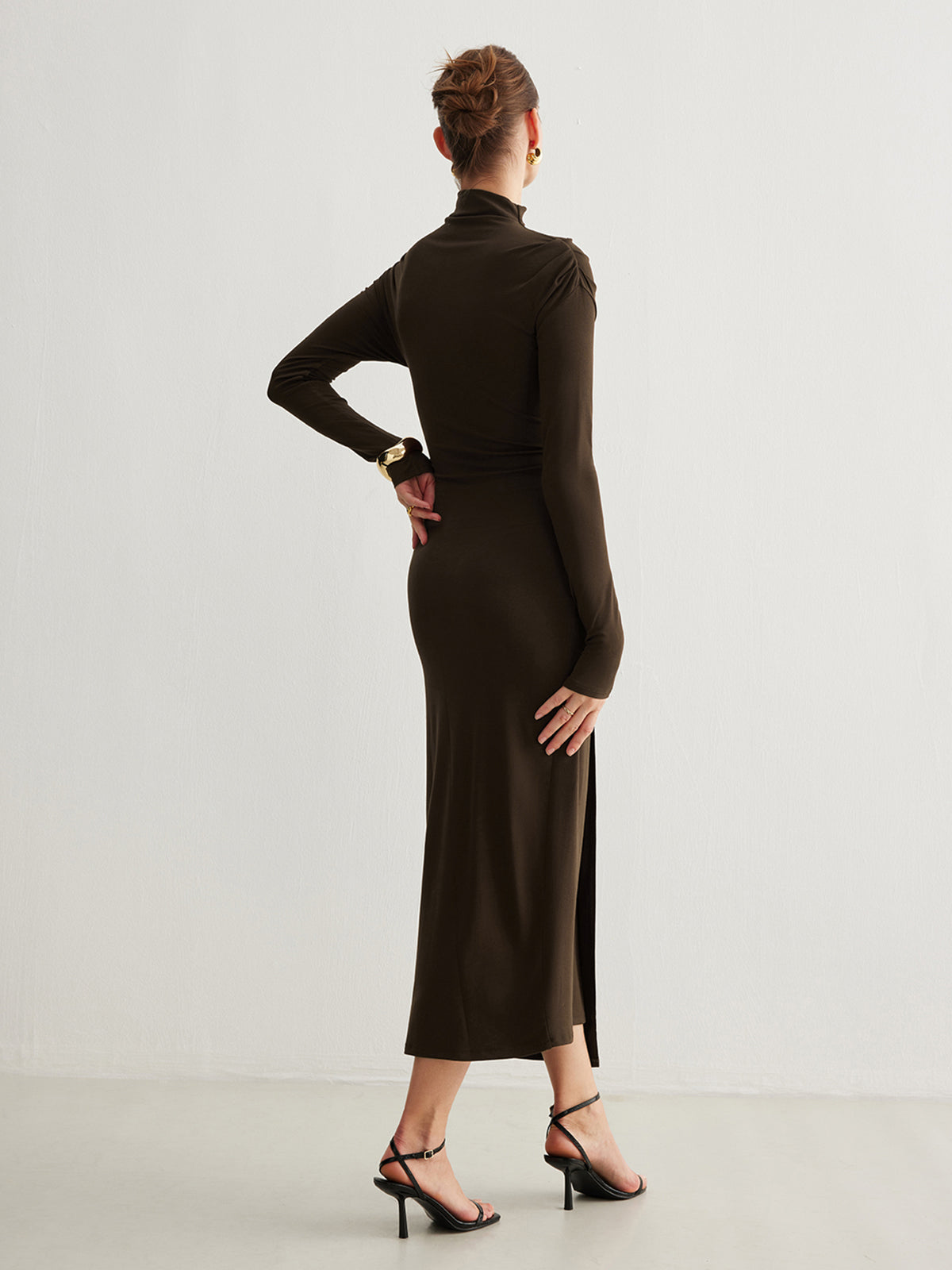 Irregular Metal-Ring Slit Pleated Dress - Brown - L - Commense Irregular Metal-Ring Slit Pleated Dress - Brown - L - Commense