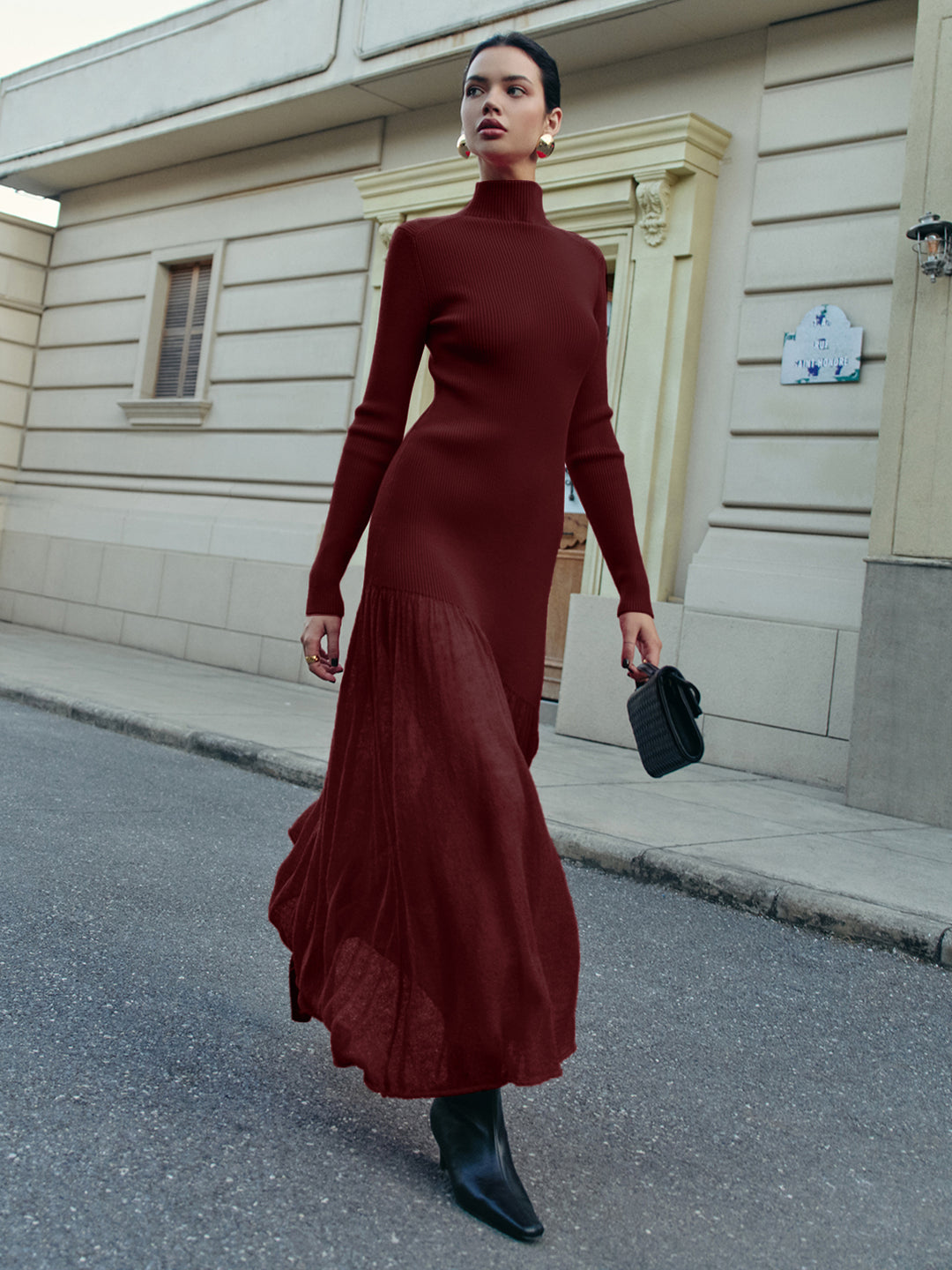 Mock Neck Pleated Panel Sweater Dress - Burgundy - M