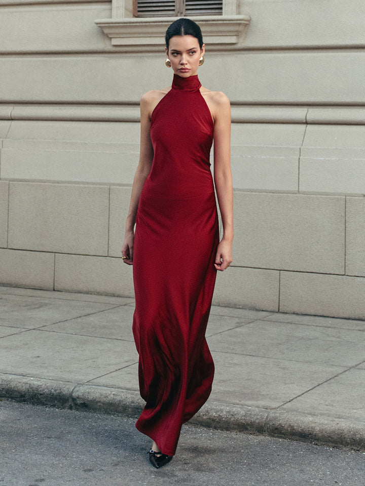 Open back satin halter dress - Burgundy - M - Commense Open back satin halter dress - Burgundy - M - Commense