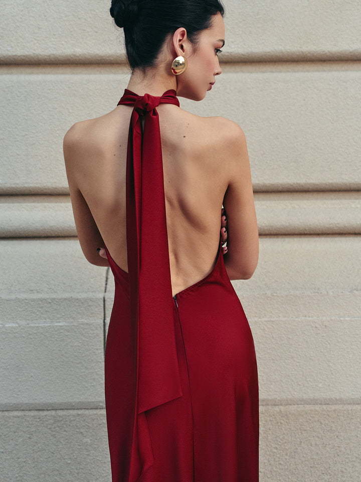 Open Back Satin Halter Dress - Burgundy - M - Commense Open Back Satin Halter Dress - Burgundy - M - Commense