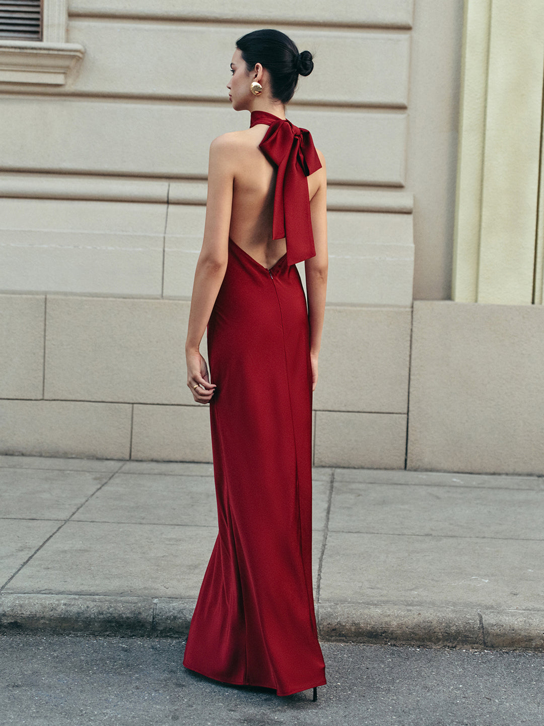 Open back satin halter dress - Burgundy
