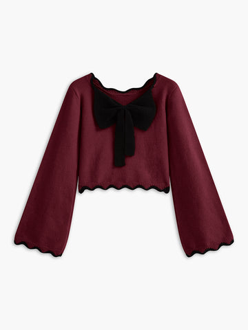 Bow Tie Contrast Stitch 3/4 Sleeve Sweater