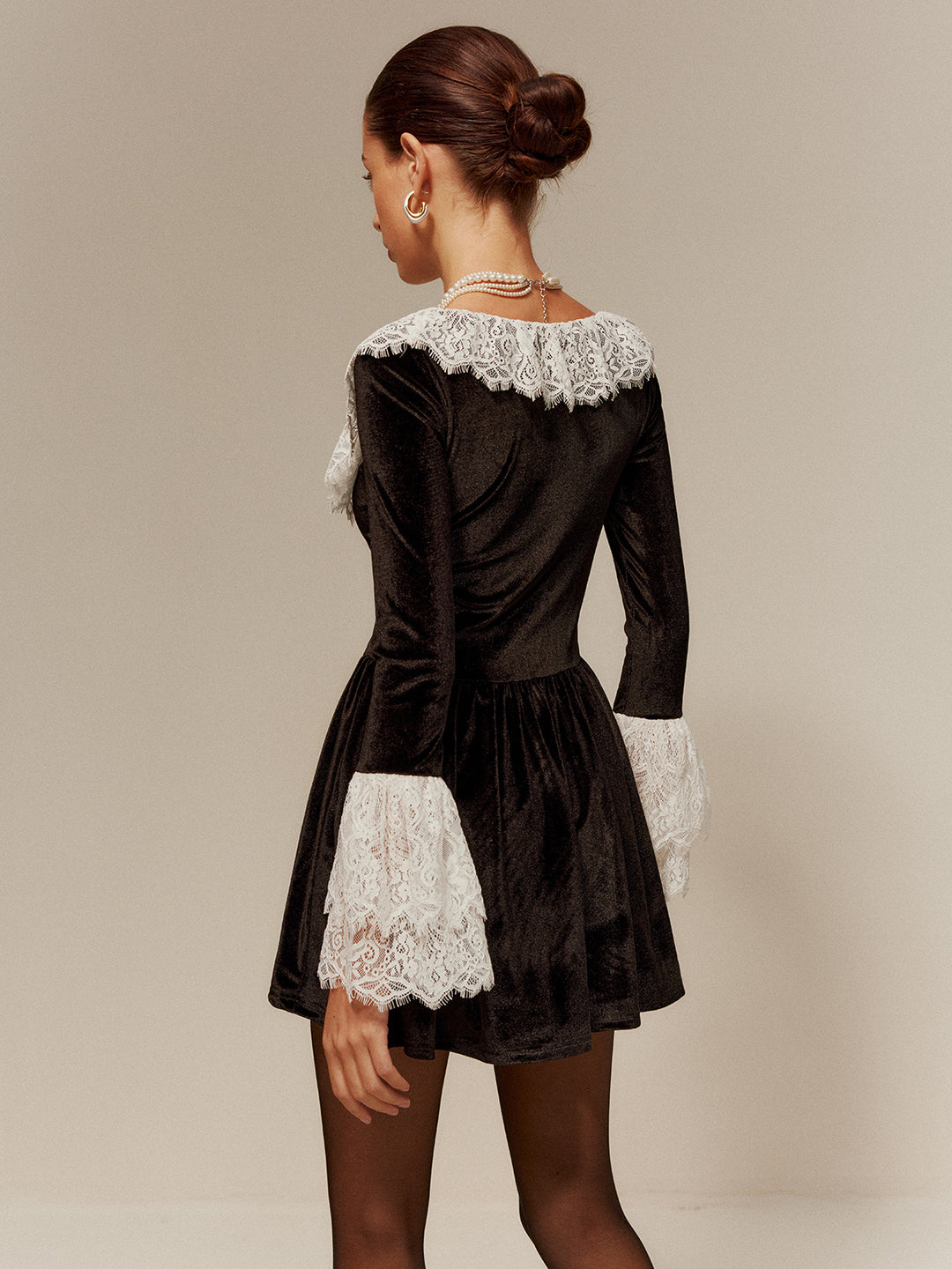 chinese dress ladies PETITE AMALIE BLACK/CREAM VELVET LACE TRIM DRESS – BellaKidsNY main image 1