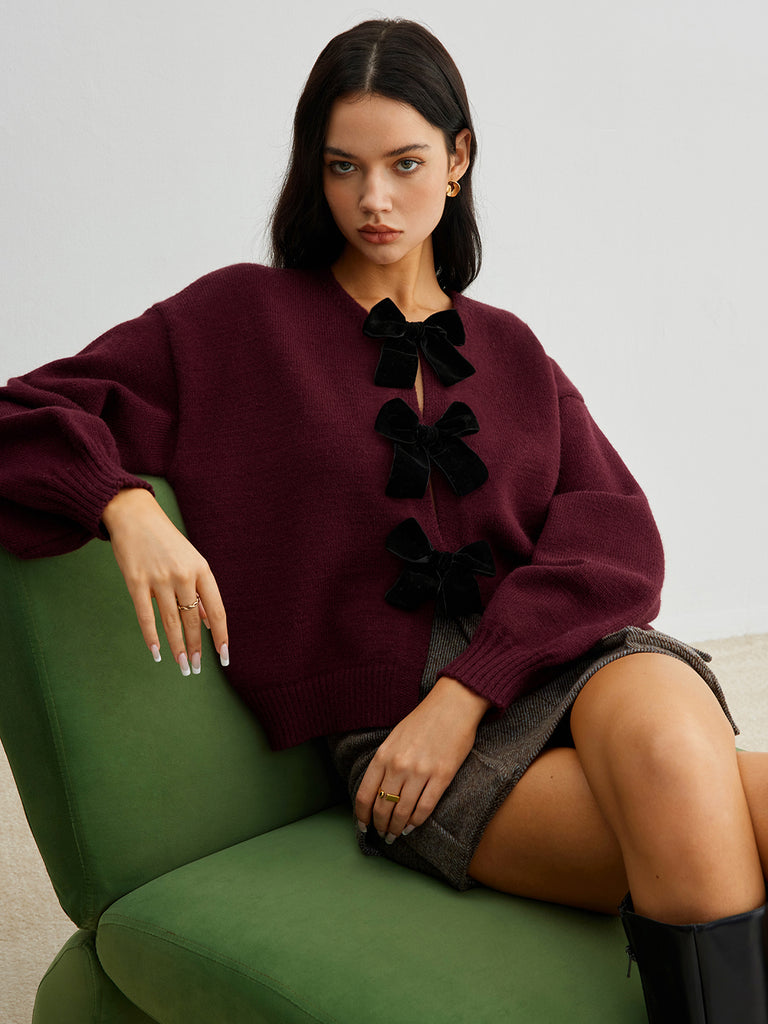 Velvet-Bow Lantern Sleeve Sweater – COMMENSE Velvet-Bow Lantern Sleeve Sweater – COMMENSE