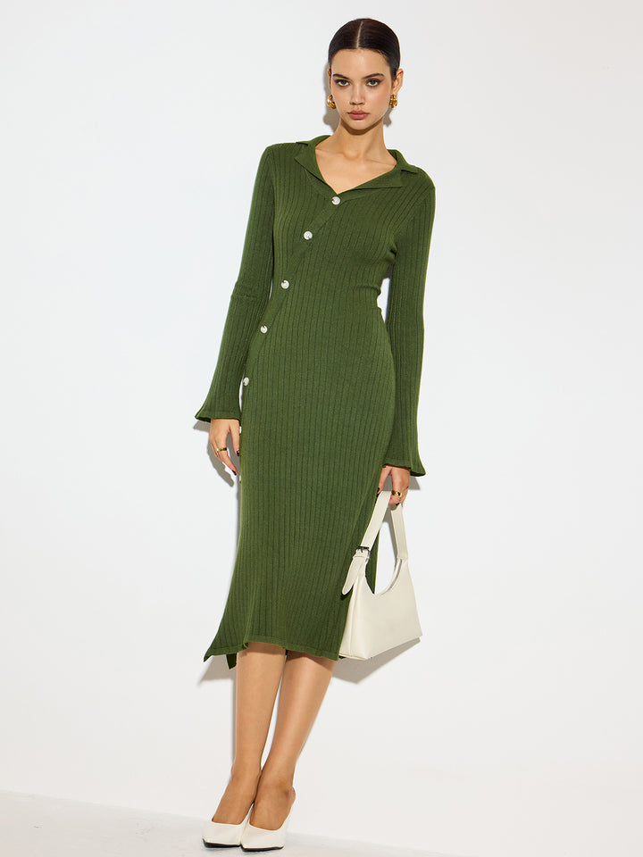 V-Neck Lapel Sweater Midi Dress | COMMENSE V-Neck Lapel Sweater Midi Dress | COMMENSE