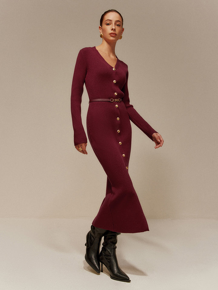 V-Neck Breasted Belted Sweater Long Dress | COMMENSE V-Neck Breasted Belted Sweater Long Dress | COMMENSE