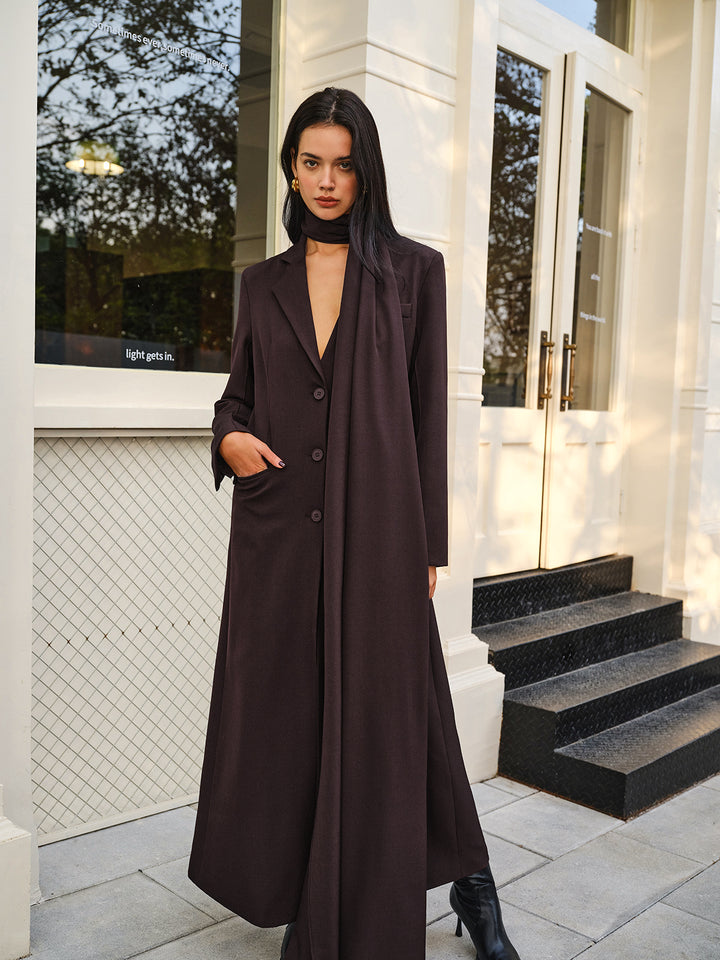V-Neck Split Trench Coat With Scarf | COMMENSE