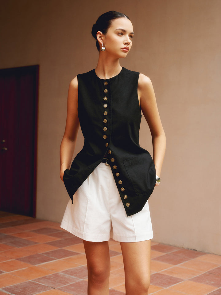 Cotton & Linen Button-Front Vest | COMMENSE