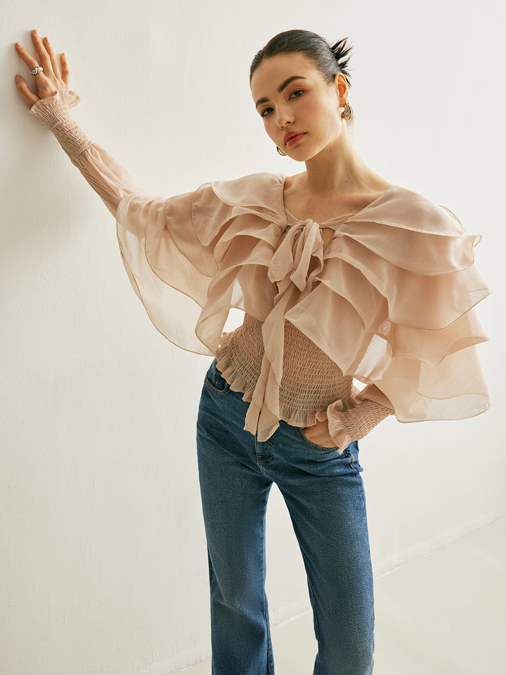Semi-Sheer Chiffon Ruffle Backless Top | COMMENSE