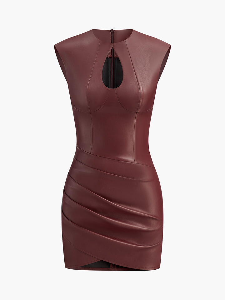Keyhole Neckline Pleated PU Leather Slim Dress | COMMENSE