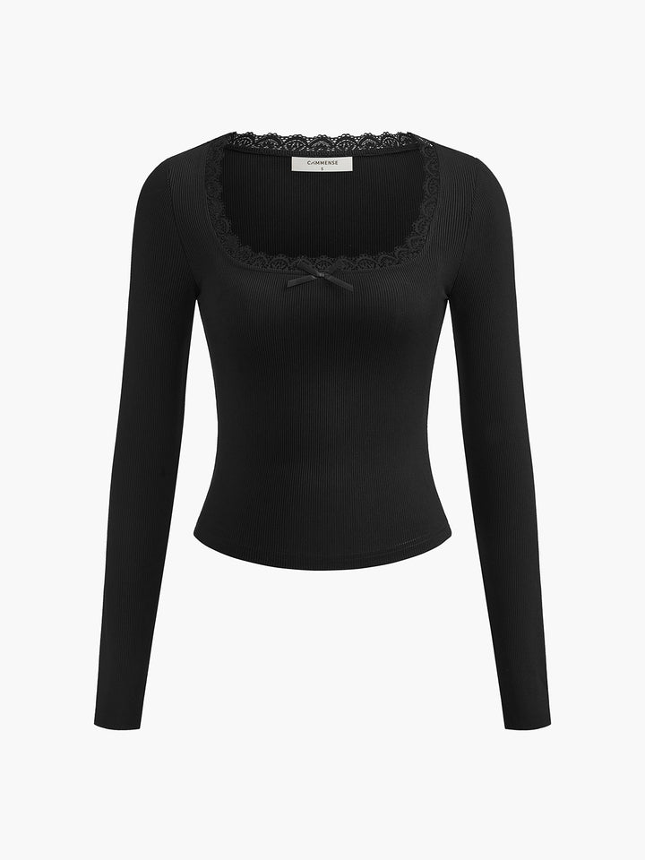 Lace Trim Long Sleeve Crop Top – COMMENSE