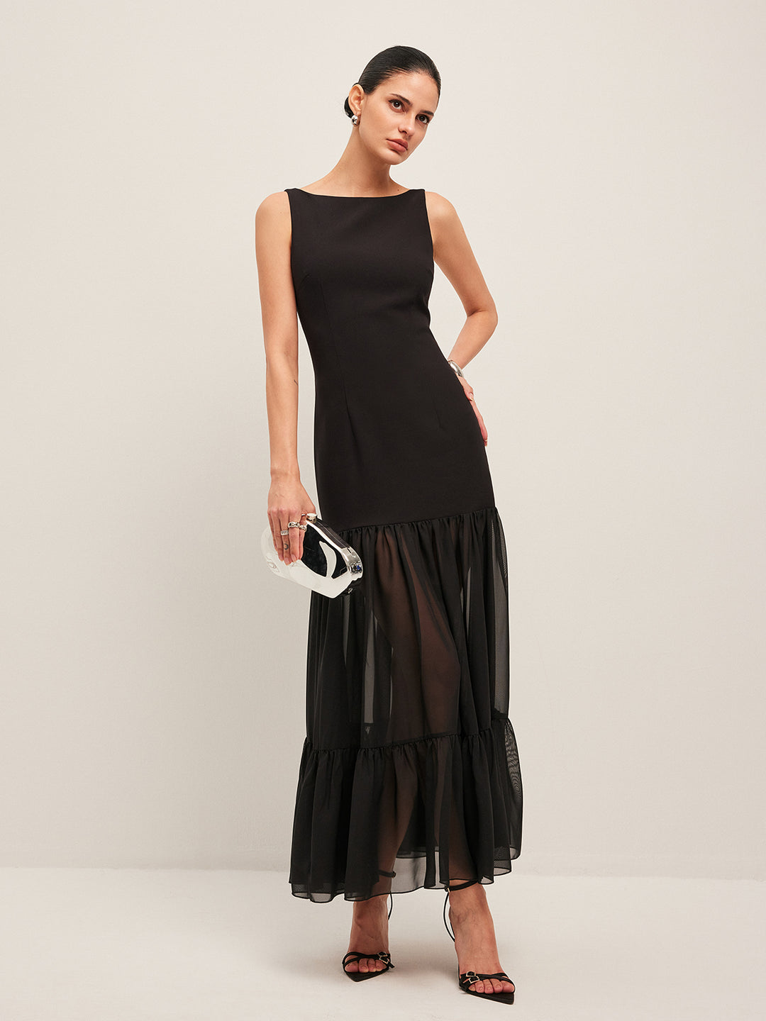Sheer Panel Back-Tie Ruffled Hem Dress | COMMENSE Sheer Panel Back-Tie Ruffled Hem Dress | COMMENSE
