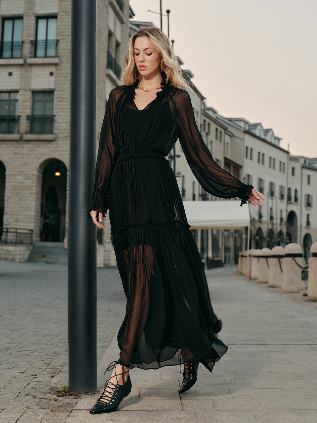 Ruffled Chiffon Semi-Sheer Dress | COMMENSE