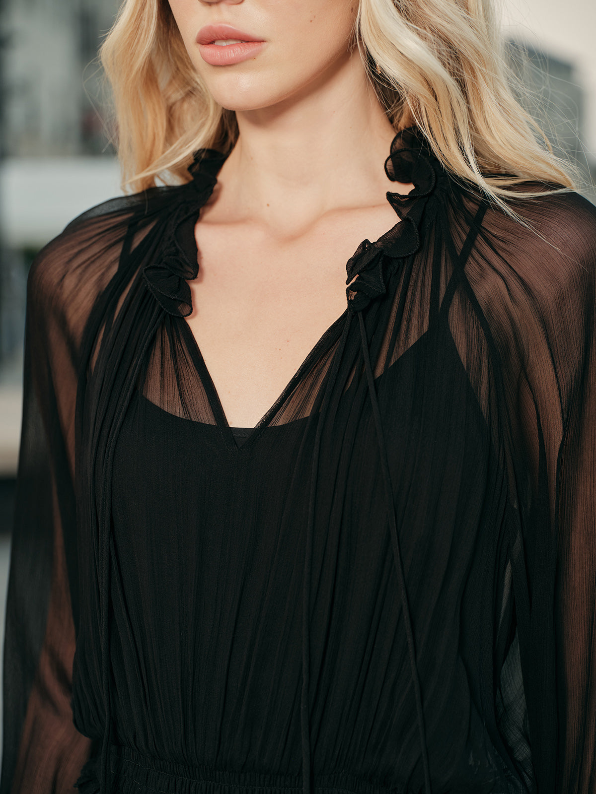 semi sheer chiffon ruffle dress with outer cape Womens Shawl Wraps Ruffle Hem Flowy Poncho Top Stand Collar for Evening Dress (Small,Black) at Amazon Women's Clothing store DETAILS Composition Kim - Semi-Sheer Chiffon Ruffle