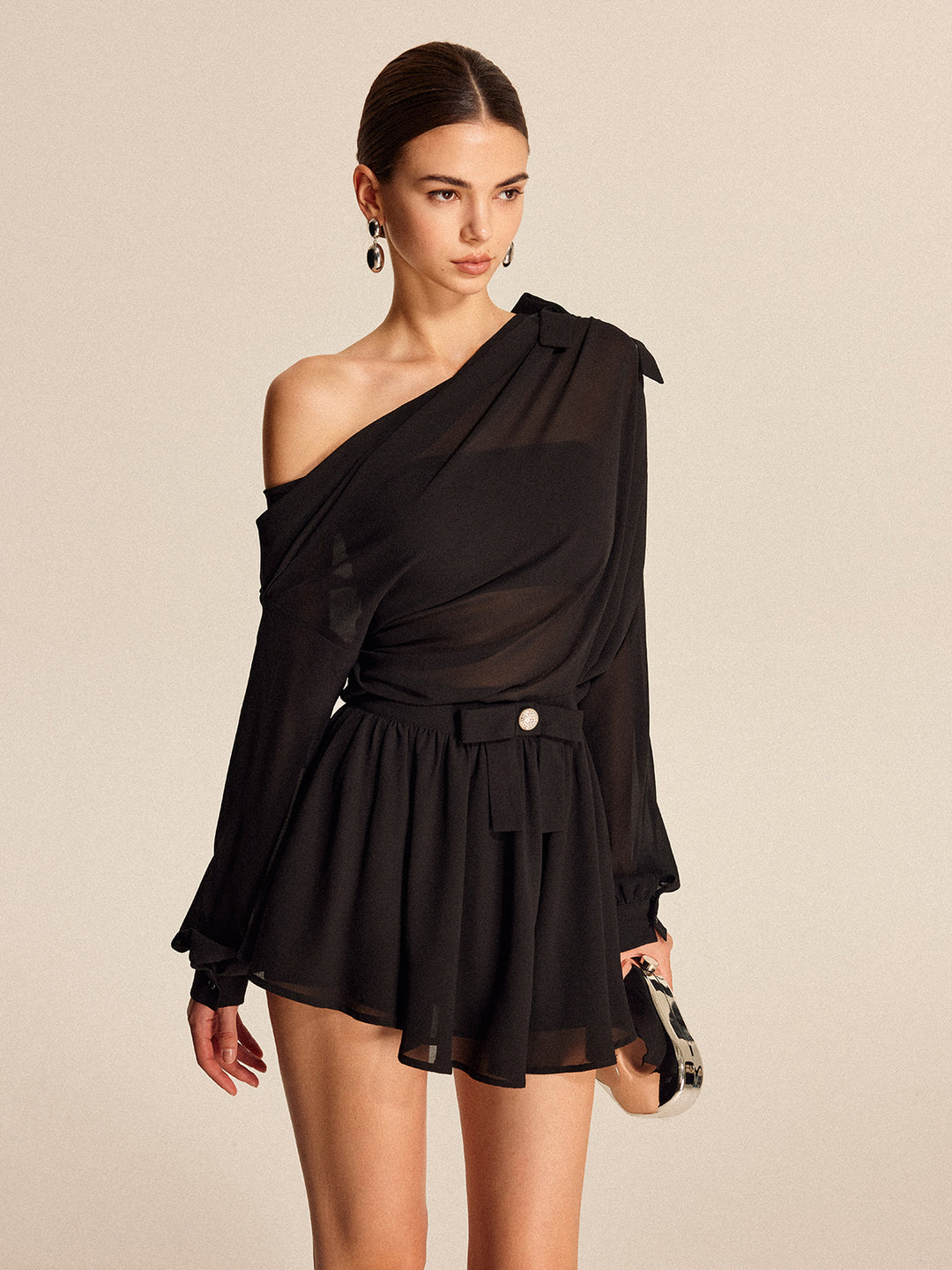 Semi-Sheer Chiffon One-Shoulder Bow Detail Skirt Set – COMMENSE