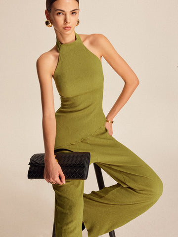 Halter backless solid button pant set