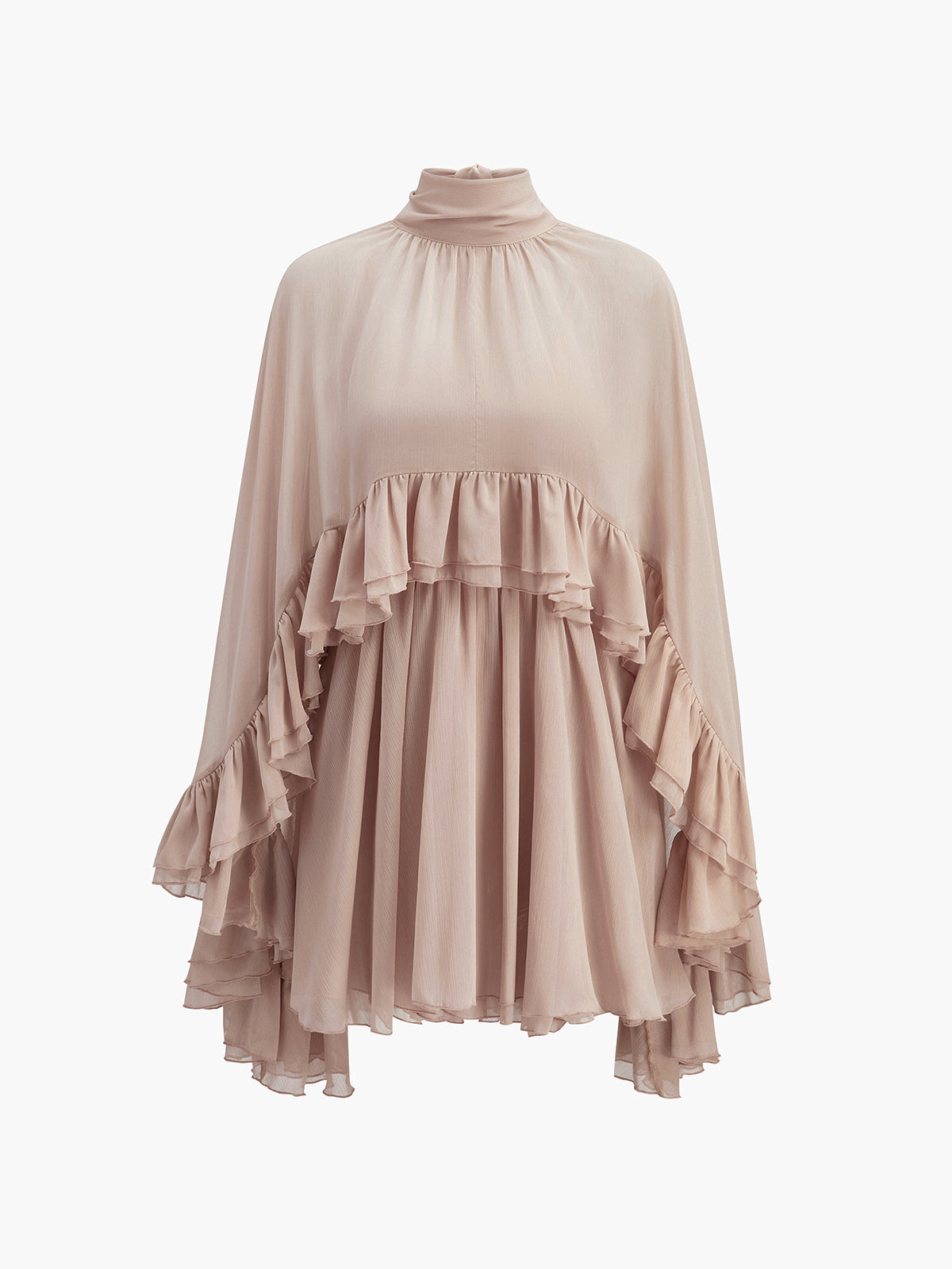 Semi-Sheer Chiffon Ruffle Dress With Outer Cape – COMMENSE