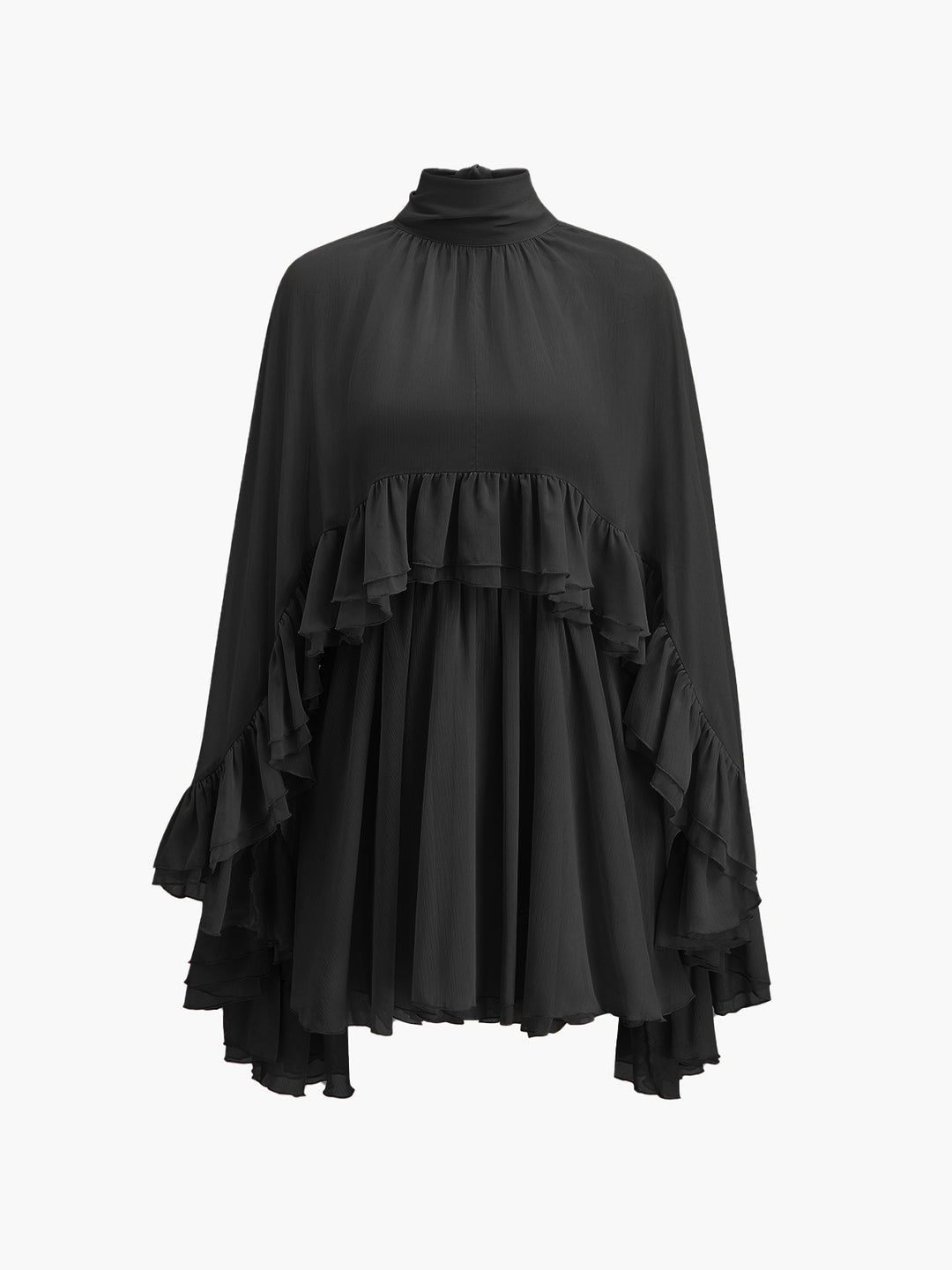 Semi-sheer chiffon ruffle dress with outer cape - Black